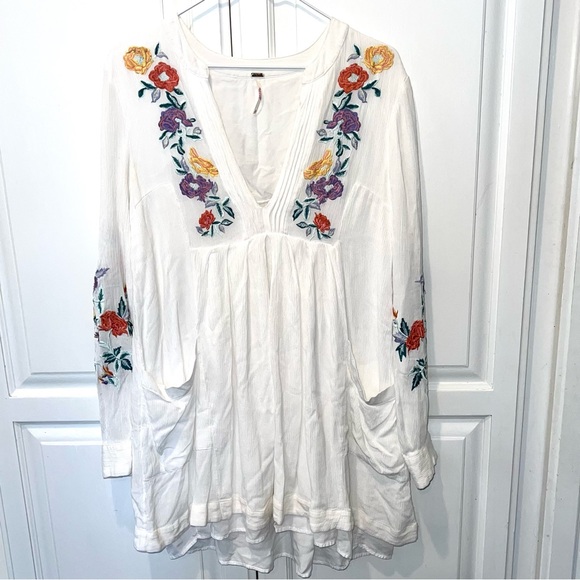 Free People Boho White Embroidered Mini Dress Flowy Peasant Tunic Prairie S - Picture 12 of 14
